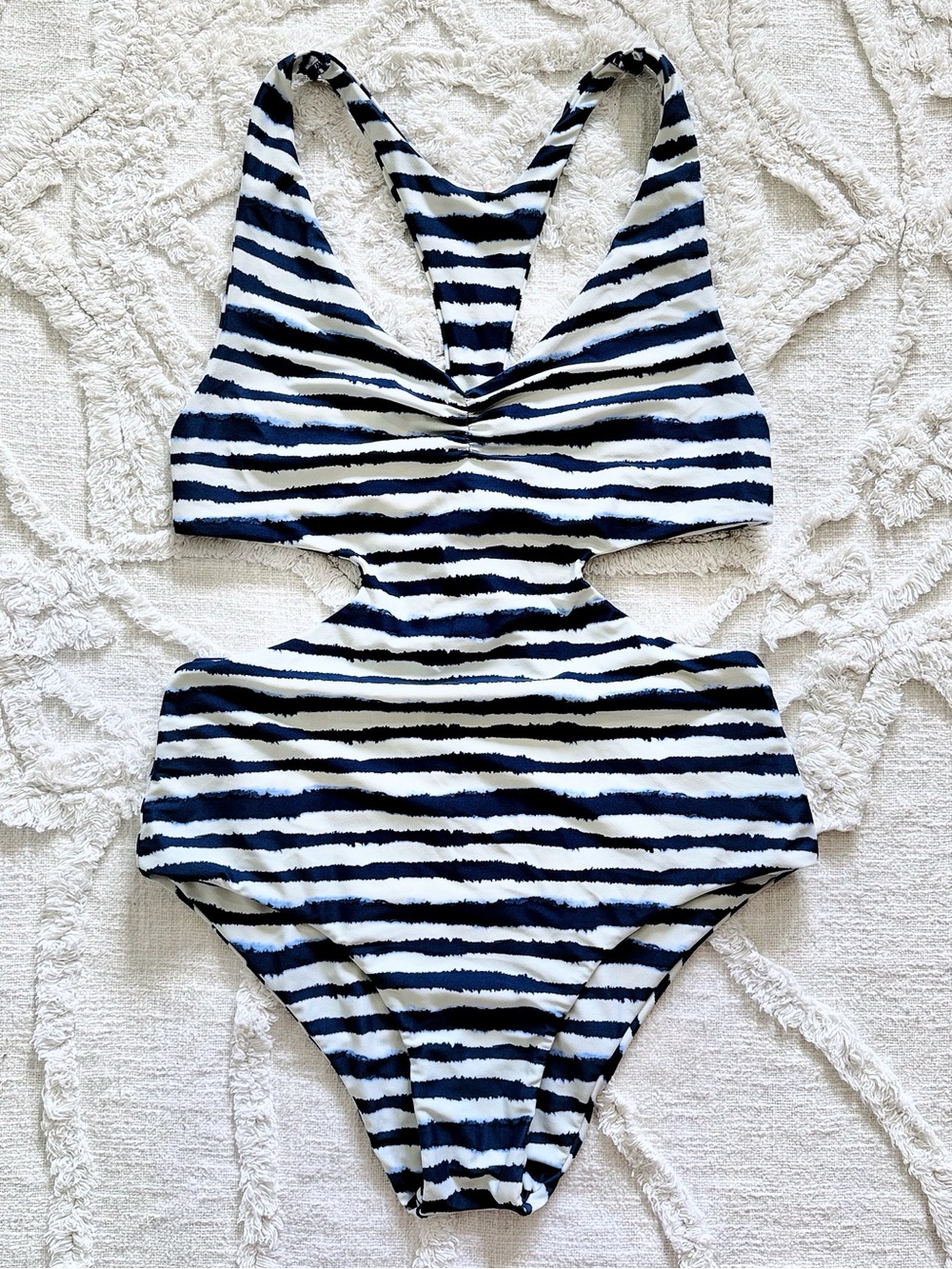 Tori Praver Seafoam Navy White Striped Cutout One Piece Swimsuit Size Large